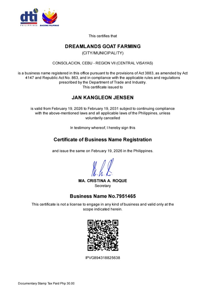 DTI Certificate of Business Name Registration for Dreamlands Goat Farming